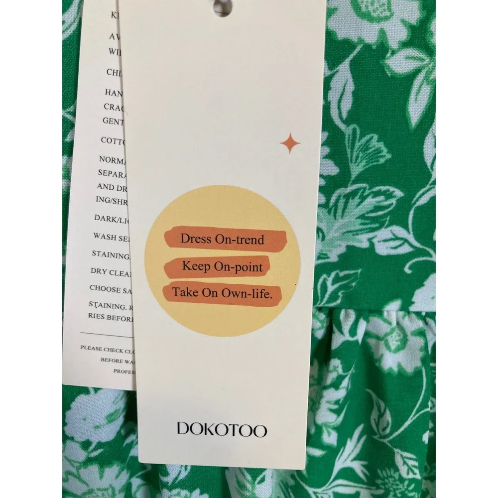 Cottagecore Dokotoo Women Large Green White Floral Puff Sleeve V-Neck Mini Dress - Picture 8 of 14